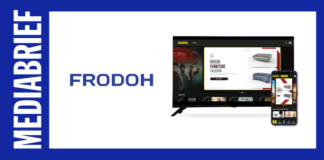 Brand banner with a vertical 'MEDIA BRIEF' label on the left, blue border, and a central display showing a TV and a smartphone featuring an e-commerce site, with the word 'FRODOH' in blue.