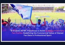 Six IPL franchises cross 10 million first-party fan profiles via SI’s FanOS platform Cricket stadium crowd waving blue flags on a blue-tinted cover image for a media brief about building 10 million first‑party fan profiles, with a vertical MEDIA BRIEF label on the left edge.