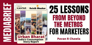 Cover image for a Media Brief: collage of urban consumer scenes with bold title '25 Lessons from Beyond the Metros for Marketers' and side label 'Urban Bharat: India's Consumption Story Report' by Pavan R Chawla.
