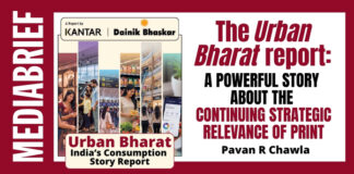 Cover image for the Urban Bharat consumption report, with Kantar and Dainik Bhaskar branding, a collage of city scenes, and bold text about print's continuing relevance.