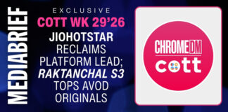 Media brief banner: entertainment headlines on the left and a pink Chromedm Cott logo in a rounded square on the right.