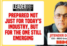 LeaderBrief | Prepared not just for today’s industry, but for the one still emerging: Jitender Dabas of BBDO Group India Bright yellow layout with a left vertical 'MEDIA BRIEF' label, a central white panel featuring the bold red headline 'Prepared not just for today's industry, but for the one still emerging' from Leader Brief, and a photo on the right of Jitender Dabas, CEO of BBDO Group India, with the BBDO logo.