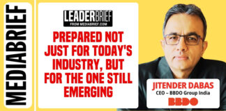 Bright yellow layout with a left vertical 'MEDIA BRIEF' label, a central white panel featuring the bold red headline 'Prepared not just for today's industry, but for the one still emerging' from Leader Brief, and a photo on the right of Jitender Dabas, CEO of BBDO Group India, with the BBDO logo.