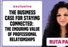 Exclusive | Ruta Patel on the business case for staying connected MediaBrief thumbnail: a woman with curly hair on the right, purple background, name badge says ROUTA PATEL in pink and white box; left panel shows 'The Business Case for Staying Connected: The Enduring Value of Professional Relationships' in bold black text with 'exclusive' in pink.