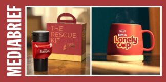 Vertical left banner reading 'MEDIA BRIEF' beside a two-panel collage: left panel shows a red Bisoff travel mug next to a box labeled 'THE RESCUE KIT'. Right panel shows a red mug with a 'Lonely Cup' logo on a coaster.