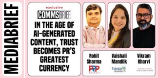 Collage on a pink background: vertical 'MEDIA BRIEF' on the left; center headline reads 'In the age of AI-generated content, trust becomes PR's greatest currency'; on the right are three headshots labeled Rohit Sharma, Vaishali Mandlik, and Vikram Kharvi with corresponding logos beneath.