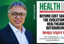 Exclusive | Beyond cost savings: The evolution of healthcare outsourcing Portrait of a man in a navy suit beside a HEALTHBRIEF magazine cover reading 'Beyond Cost Savings: The Evolution of Healthcare Outsourcing' featuring BHIJU VIJAY RAJ.