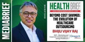 Portrait of a man in a navy suit beside a HEALTHBRIEF magazine cover reading 'Beyond Cost Savings: The Evolution of Healthcare Outsourcing' featuring BHIJU VIJAY RAJ.