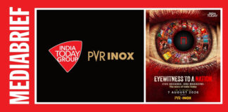 MediaBrief banner: India Today Group and PVR INOX logos center; 'Eyewitness to a Nation' magazine cover on the right; red frame.
