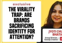 Exclusive | The virality trap: Are brands sacrificing identity for attention? Editorial collage for a media brief: left vertical 'MEDIA BRIEF' badge, center headline 'exclusive: The virality trap—are brands sacrificing identity for attention?' on white card, right shows a smiling woman with name Jyoti Chugh Bhatia and Goozoop logo.