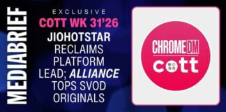 Banner-style media brief with a vertical 'MEDIA BRIEF' label on the left, listing 'EXCLUSIVE', 'COTT WK 31'26', 'JIOHOTSTAR RECLAIMS PLATFORM LEAD; ALLIANCE TOPS SVOD ORIGINALS', and a pink circular logo on the right reading 'CHROMEDM cott'