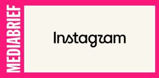 Instagram wordmark in black on a cream banner, framed by a bright pink border with vertical 'MEDIA BRIEF' text on the left.