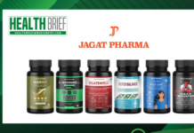Jagat Pharma expands nutraceutical portfolio with six science-backed wellness supplements HealthBrief promotional banner featuring the Jagat Pharma logo and six supplement bottles lined up on a white panel, with a green decorative background and MEDIABRIEF on the left edge.