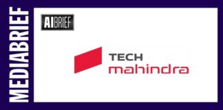 White card with Tech Mahindra logo on the right and AI Brief logo on the left, bordered by a purple frame with vertical 'MEDIA BRIEF' text on the left.