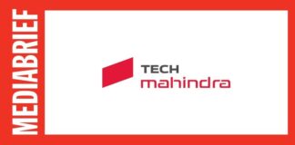 Vertical red MEDIABRIEF banner next to a white panel with the Tech Mahindra logo.