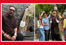 Jackie Shroff joins Radio Mirchi Mumbai’s Vrikshabandhan initiative Red-framed collage: left panel shows a man in sunglasses beside a tree with a commemorative plaque; right panel features five people smiling and giving thumbs up in a leafy setting.
