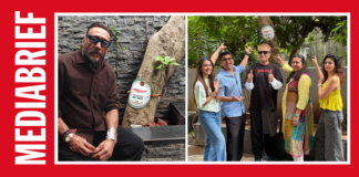 Red-framed collage: left panel shows a man in sunglasses beside a tree with a commemorative plaque; right panel features five people smiling and giving thumbs up in a leafy setting.