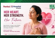 Peerless Hospital Guwahati highlights lesser-known heart disease symptoms in women Woman in pink holds her chest in a heart‑health banner with the slogan 'Her Heart. Her Strength. Her Future.' and hospital logo.