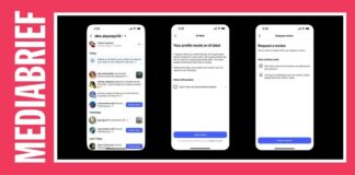MediaBrief cover image: three iPhone screens showing a chat thread, an 'AI label needed for your profile' screen, and a 'Request review' screen on a black background with a pink border and 'MEDIA BRIEF' vertical text on the side.