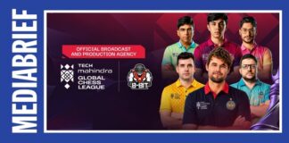 Promotional banner for Tech Mahindra Global Chess League with diverse players, league logos, and a blue media briefing frame labeled MEDIABRIEF on the left.